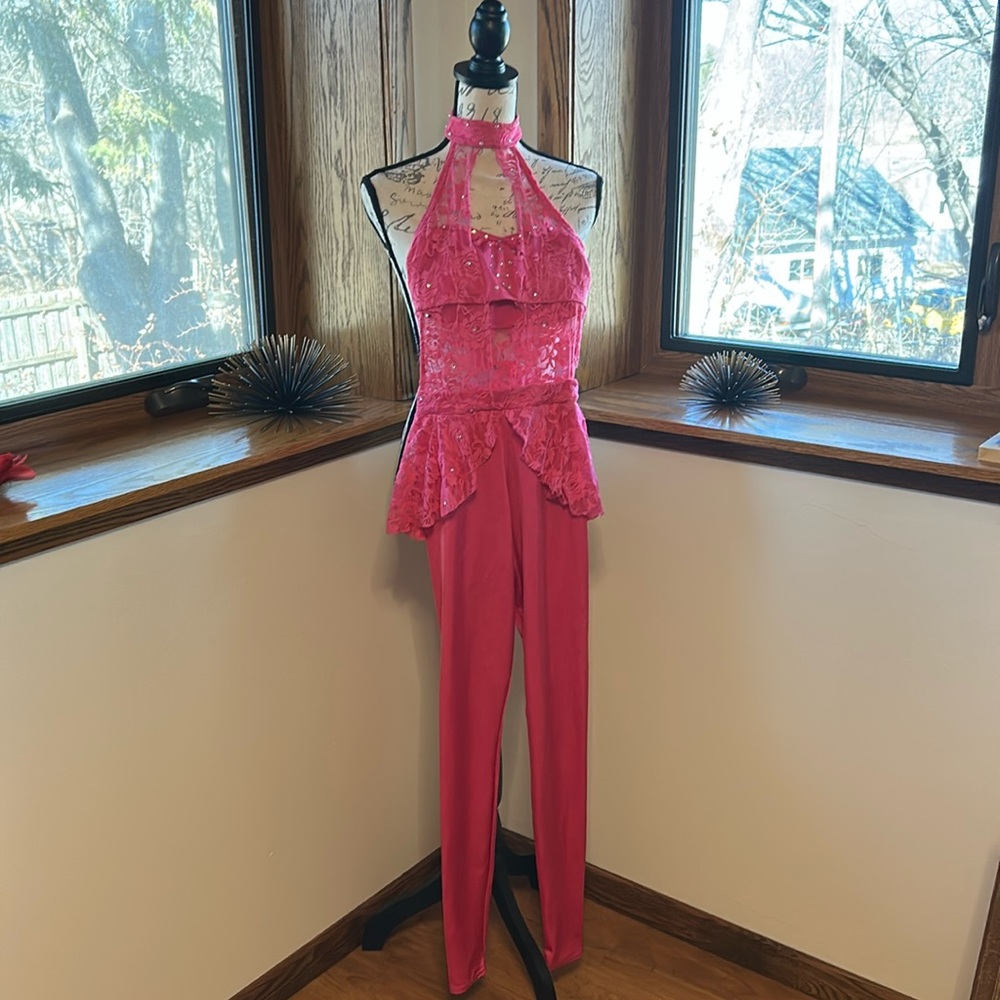 Kelle Fushia Lace & Sequence Dance Jumpsuit Large Child